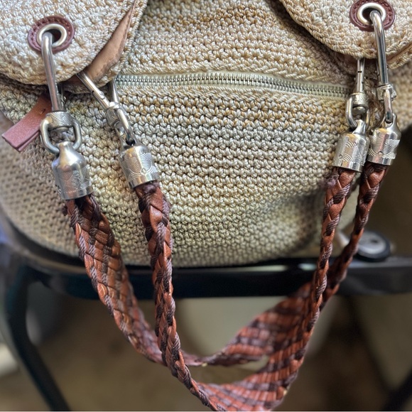 The Sak Shoulder Bag Double Woven Removable Leather Handles Tan Stripe Crochet - Picture 4 of 6